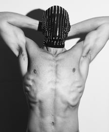 Elizabeth Lotz (Liz Lotz) art director fashion storyteller artist stylist model male photoshoot portrait mask black and white