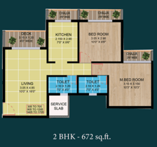 2 bhk 672 square feet floor plan of ellora emerald