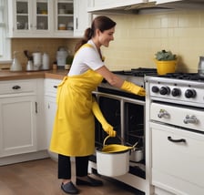 A person wearing protective clothing, a face mask, and gloves is cleaning a white cushioned furniture piece using a vacuum cleaner. The setting appears to be indoors with bright natural light streaming in through large windows. A green potted plant is placed next to a white sofa, adding a touch of nature to the clean and tidy environment.