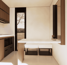 Minimalist kitchen and dining space in tiny home pod