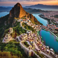 a mountaintop view of a town with a lake and mountains in the background