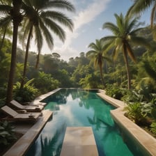 A luxurious resort area featuring a large, serene swimming pool surrounded by numerous palm trees. The pool is shaped uniquely with a round section on one end and an oval pool nearby. Well-maintained lawns and garden areas with tropical vegetation are visible. In the distance, there are landscaped golf courses and a picturesque view of the ocean horizon under a clear blue sky. Modern, colorful buildings are seen in the background.