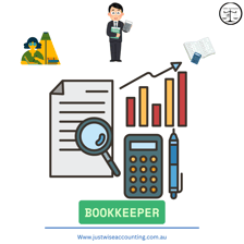 Bookkeeper graphic with calculator, documents, and graphs.