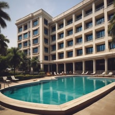 A luxurious hotel with grand architecture featuring towers and an arch design. The waterfront setting includes a bridge leading to the building, with clear blue skies and a tranquil ocean in the background. The surrounding area showcases an urban environment with greenery and a variety of buildings.