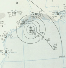 Hand drawn surface analysis of the 1943 Surprise Hurricane near Texas coast