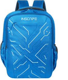 a peacock color backpack with line design print on it