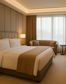 High-end hotel room with custom furniture, part of BRB Engineering’s work in the hospitality sector