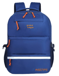 navy blue color school bags with white color design and orange zipper ties
