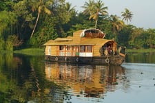 A boat house in the backwaters with coconut trees in the background