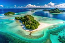 Beautiful scenery with blue water island, green trees and blue sky with white clouds