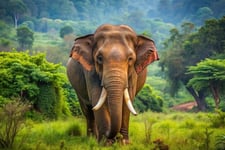 A Elephant walking alone with trees surrounding both the sides