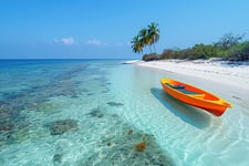 Orange color boat floating on and sea with blue crystal clear water, coconut trees and greenery in t