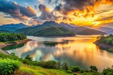 A valley with golden sun light, water flowing between mountains