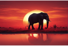 a large elephant walking across a field with a sunset in the background