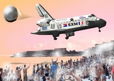 Space shuttle flying low over Maho Beach crowd