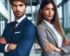 homem e mulher de bracos cruzados vestindo roupas sociais