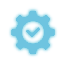 blue glowing gear icon with a checkmark inside