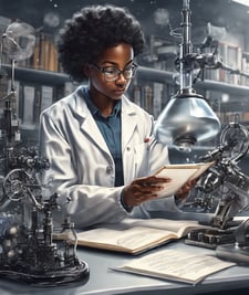 a woman in a lab coat holding a tablet computer