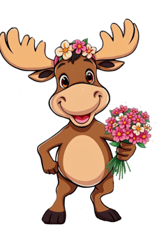 a moose with a flower crown on its head holding flowers.  