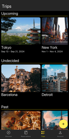 upcoming, undecided, and future trips on dark theme