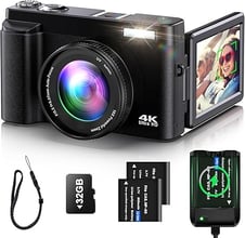 4K Digital Camera for Photography Auto-Focus Vlogging Camera for YouTube Video with 3'' 180° Flip Sc