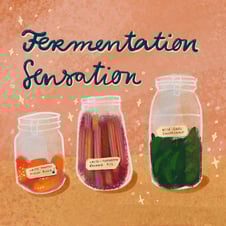 Rezeptillustration mit fermentiertem Gemüse in Einmachgläsern