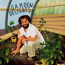 gaz oakley rezeptillustration editorial imMensch kniet im Gewächshaus mit Tomatenpflanzen und mehr