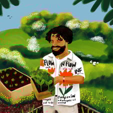 gaz oakley rezeptillustration editorial Mensch im Garten mit Setzlingen in der Hand, und von Grün umgeben