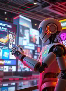 un robot care automatizeză marketingul digital cu inteligența artificială