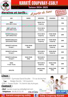 tableau des horaires et des tarifs des cours de karaté.