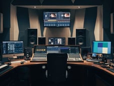 a desk with a monitor, monitor, and monitor screen