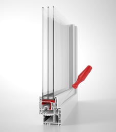 a window with a red handle and a red handle