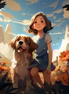 a girl in a blue dress is standing in a field