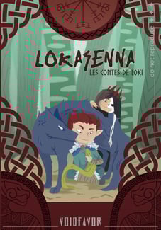 Couverture jeunesse Loki mythologie nordique avec Fenrir le loup, Hel/Hella et Jormungandr,
