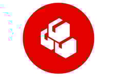 a red and white logo with a red and white background