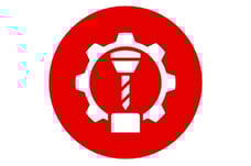 a red and white logo with a red and white background