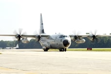 WC-130J Hercules landing after reconnaissance flight for Hurricane Rita 24 Sept 2005. U.S. Air Force photo by Don Peek
