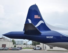 "N42RF" tail section with Tail radar housing sticking out back of aircraft. Photo: AOML/ NOAA. 