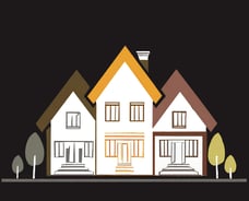 ampro construction and consulting logo.   three hand drawn homes with shrubs on each side.  c