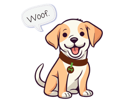 The Julia's Pet Pal dog with a red collar sitting down with a speech bubble that says 'Woof!"