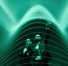 Data waves surrounding business couple