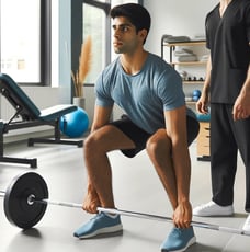 a man is doing a barbell squat exercise under a physiotherapist guidance