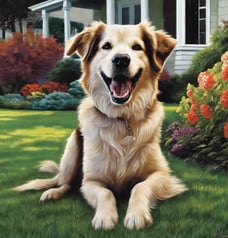 a dog sitting on the grass in front of a house