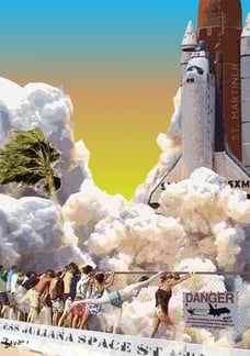 Illustration of a space shuttle launch at Princess Juliana with people holding the fence, speculativ