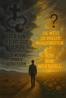 Eine Person geht mit unterschiedlichen Glaubenssätzen durch das Leben.