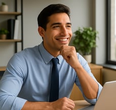 Hombre en la oficina, pensando en emprender y poner un negocio para más ingresos.