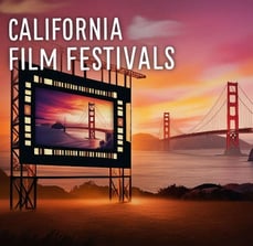 Text: California Film Festivals, Image of Drive-In movie screen with backdrop of golden gate bridge