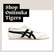 An image of Onitsuka Tiger sneakers in black and white, with the text "Shop Onitsuka Tigers"