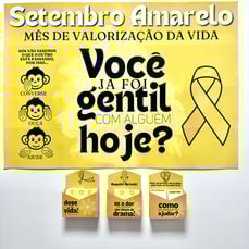 Painel do Setembro Amarelo com a frase 'Você já foi gentil com alguém hoje?' e ícones incentivando a conversa e a ajuda. Caix