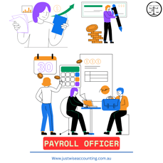 Payroll officer illustration with people working and financial elements.